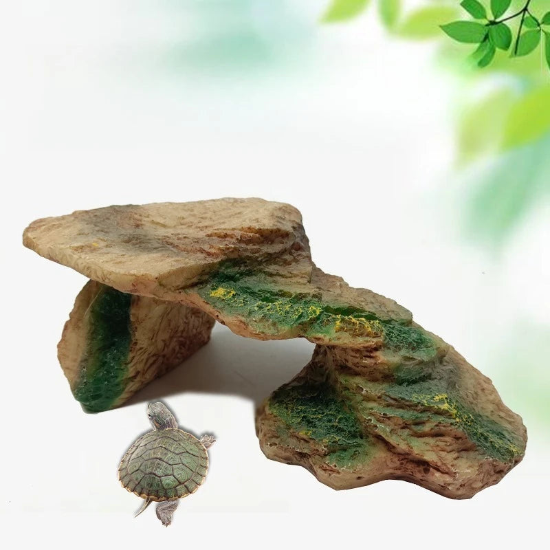 منصة سلحفاة للتشمس من الراتنج، غير سامة، طبيعية، كهف إخفاء الزواحف، صخرة صناعية متينة، ديكور حوض الزواحف