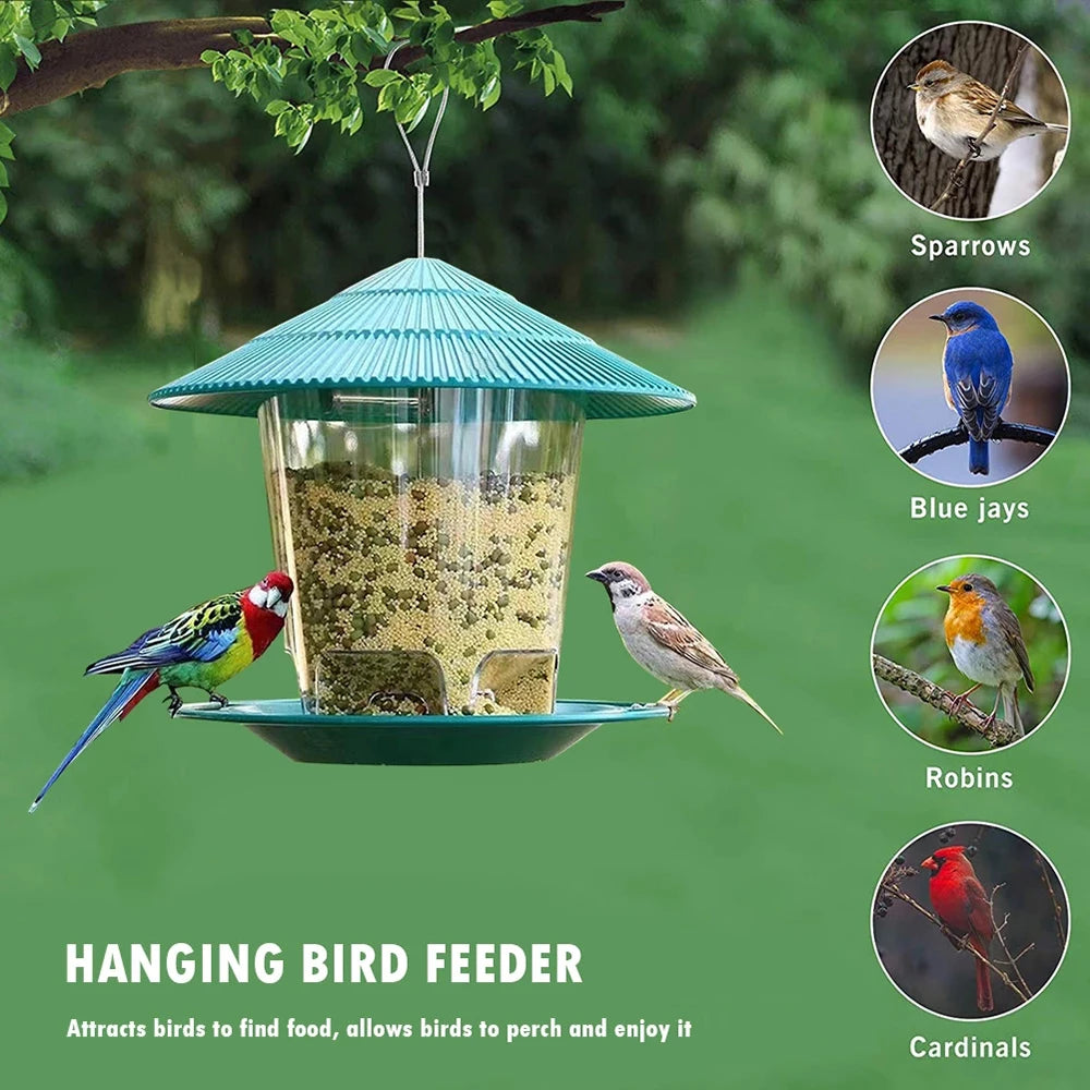 Mangeoire à oiseaux automatique suspendue pour jardin, tonnelle, distributeur de nourriture pour oiseaux sauvages avec corde de suspension, décoration de maison, fournitures pour animaux de compagnie