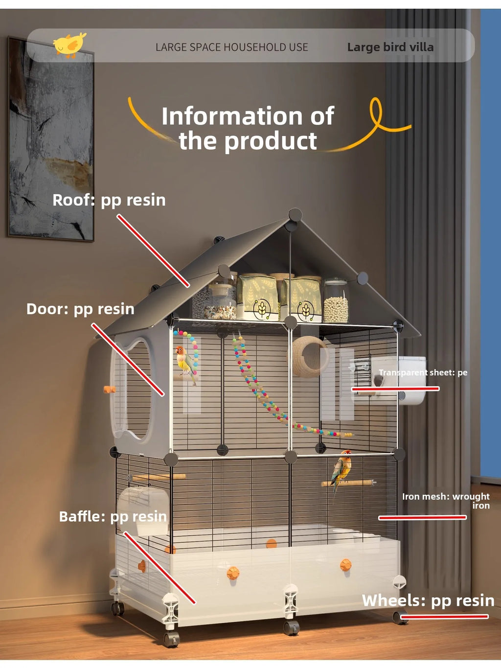 Grande Volière pour Perroquets Spacieuse Volière avec Perchoir Luxe Habitat pour Calopsittes et Perruches Design Anti-Salissures Villa pour Oiseaux
