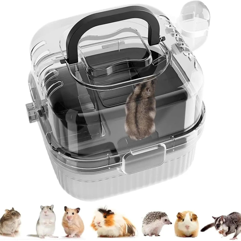 Cage de transport portable pour hamster, chinchilla, avec grande coque transparente à ouverture rapide et bouteille d'eau, boîte d'élevage pour animaux de compagnie, cochon d'Inde