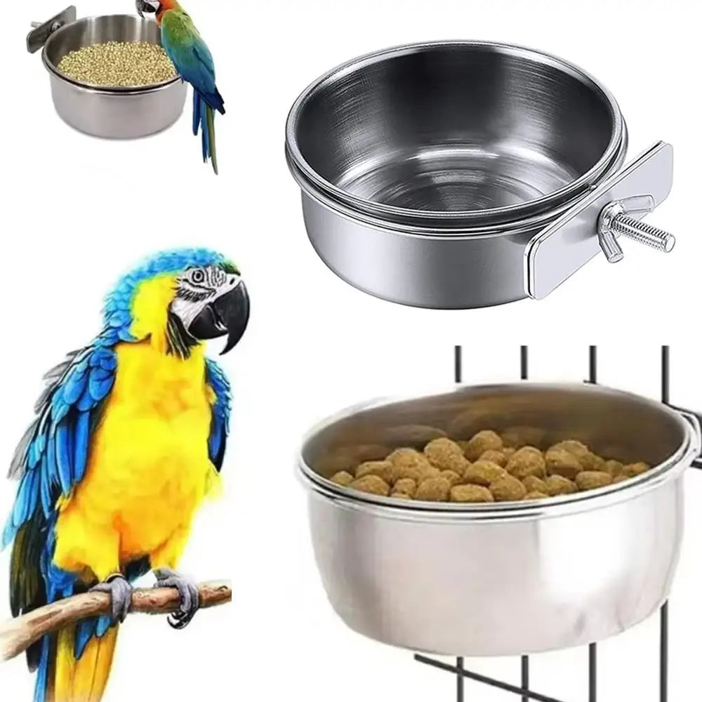 Stainless Steel Bird Bowls Parrot Feeding Bowl Cage Cup Hanging Bowl Clamp-on Water Drinker Pet Food Dish Parrot Rabbit Hamster