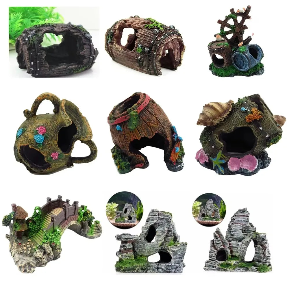 Nouvelles Fournitures d'Aquarium Décoration de Paysage d'Aquarium Grotte de Cachette pour Reptiles Simulation Petit Baril de Vin Décoration de Jardinage
