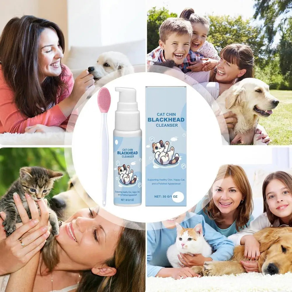 Nouveau Nettoyant pour Menton de Chat 30g Lotion Nettoyante Points Noirs avec Brosse Nettoyant Profond Efficace Spray Nettoyant Doux pour Chiens Chats