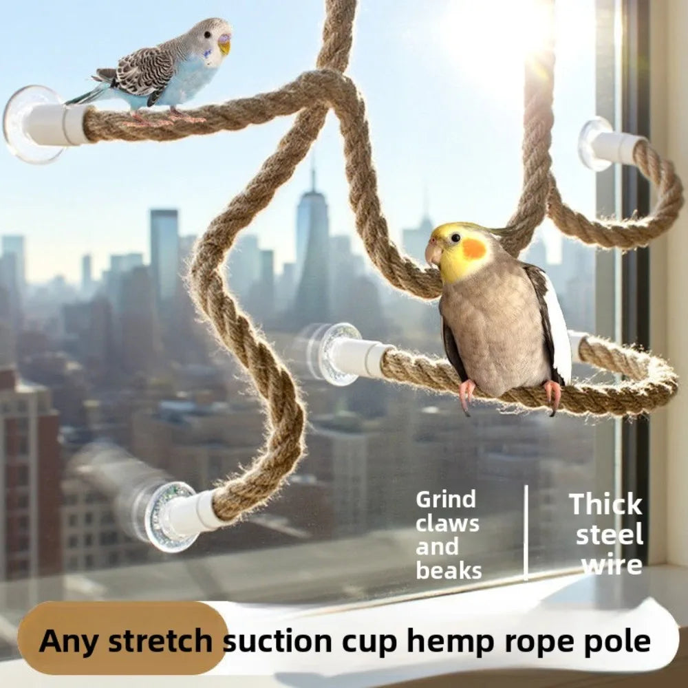 Perchoir à oiseaux en corde de lin antidérapant, pliable, à faire soi-même, avec ventouse, jouet d'escalade stable pour petits et moyens oiseaux