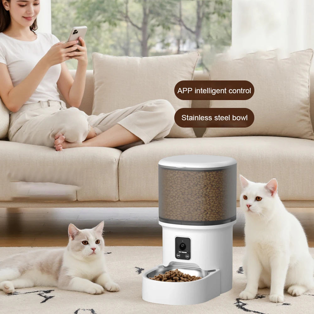 زر ذكي للتحكم عبر تطبيق WIFI، موزع طعام أوتوماتيكي للحيوانات الأليفة مع وعاء ستانلس ستيل ومؤقت، سعة 4 لترات، نافورة مياه بسعة 2.2 لتر
