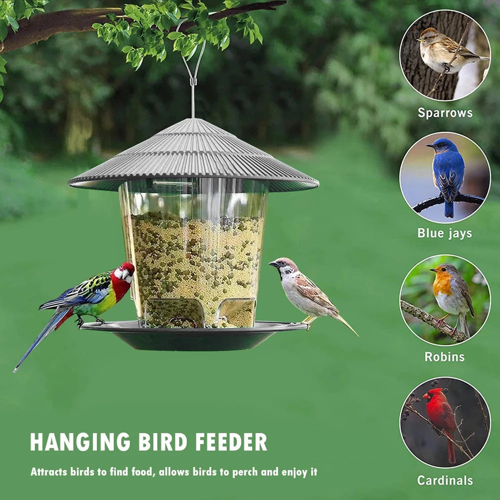 Mangeoire à oiseaux automatique suspendue pour jardin, tonnelle, distributeur de nourriture pour oiseaux sauvages avec corde de suspension, décoration de maison, fournitures pour animaux de compagnie