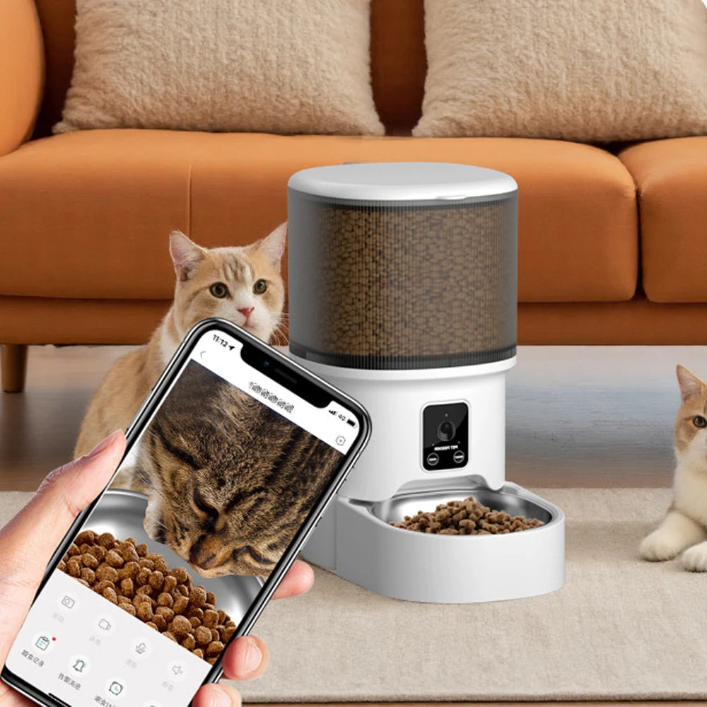زر ذكي للتحكم عبر تطبيق WIFI، موزع طعام أوتوماتيكي للحيوانات الأليفة مع وعاء ستانلس ستيل ومؤقت، سعة 4 لترات، نافورة مياه بسعة 2.2 لتر