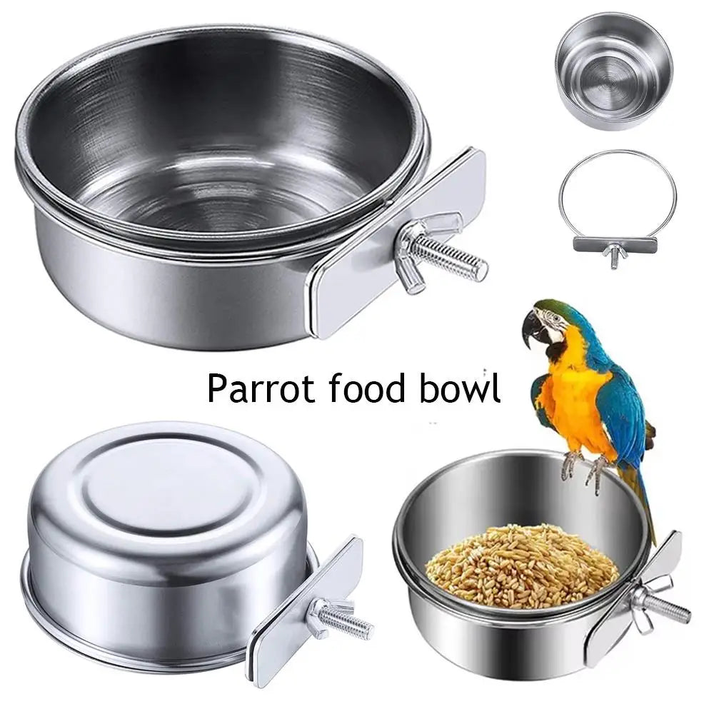 Stainless Steel Bird Bowls Parrot Feeding Bowl Cage Cup Hanging Bowl Clamp-on Water Drinker Pet Food Dish Parrot Rabbit Hamster