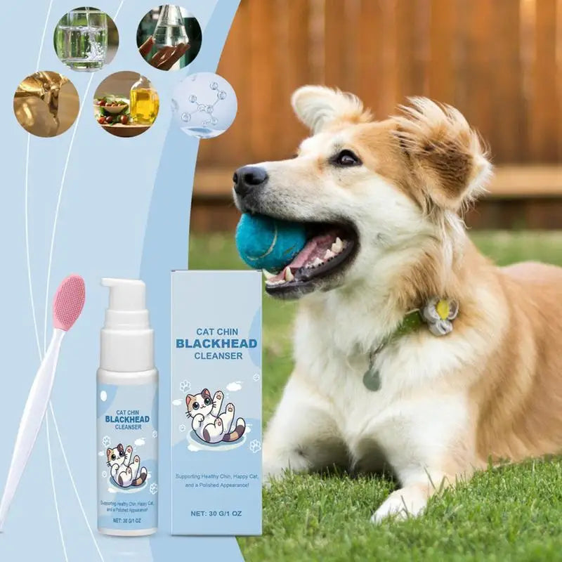 Nouveau Nettoyant pour Menton de Chat 30g Lotion Nettoyante Points Noirs avec Brosse Nettoyant Profond Efficace Spray Nettoyant Doux pour Chiens Chats