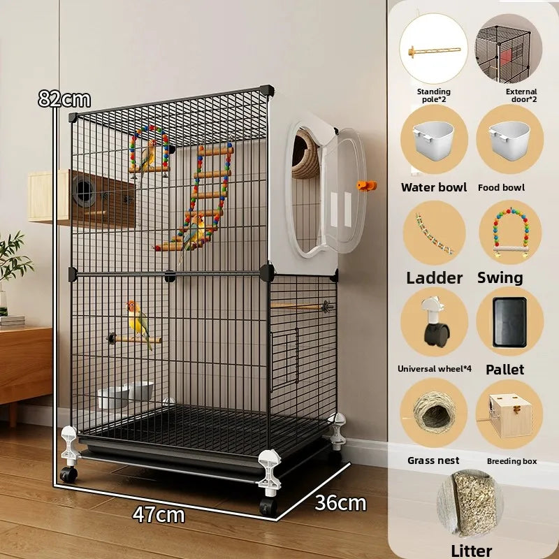 Grande cage à oiseaux pour perroquets, nouveau modèle de villa de luxe pour perruches, calopsittes, inséparables, volière spacieuse haut de gamme avec fonctionnalités modernes